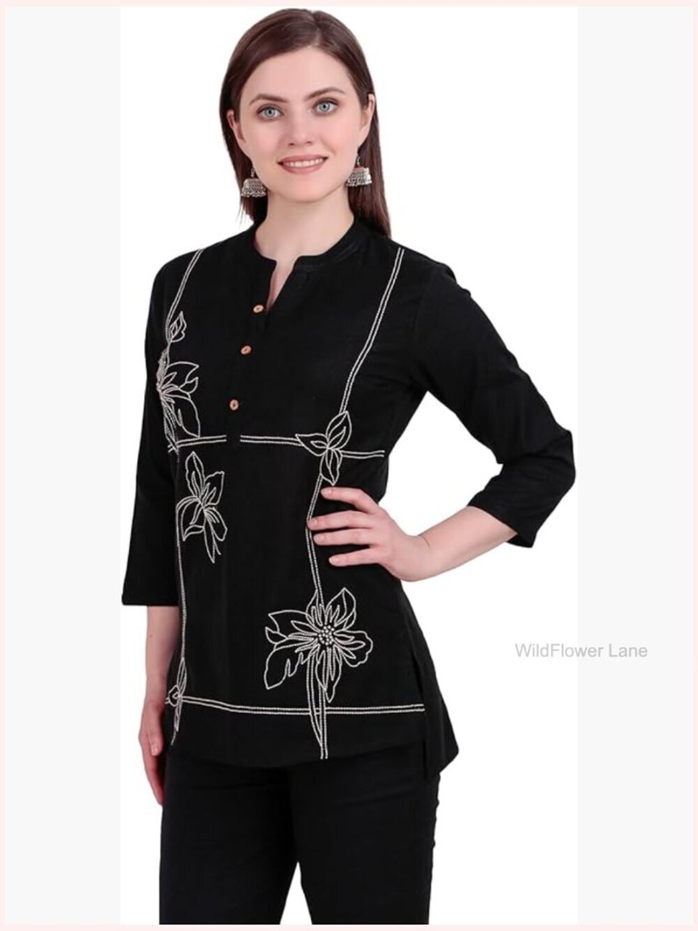 Designer Cotton Tunic Top with Embroidery – Hip Length Henley Neck Blouse
